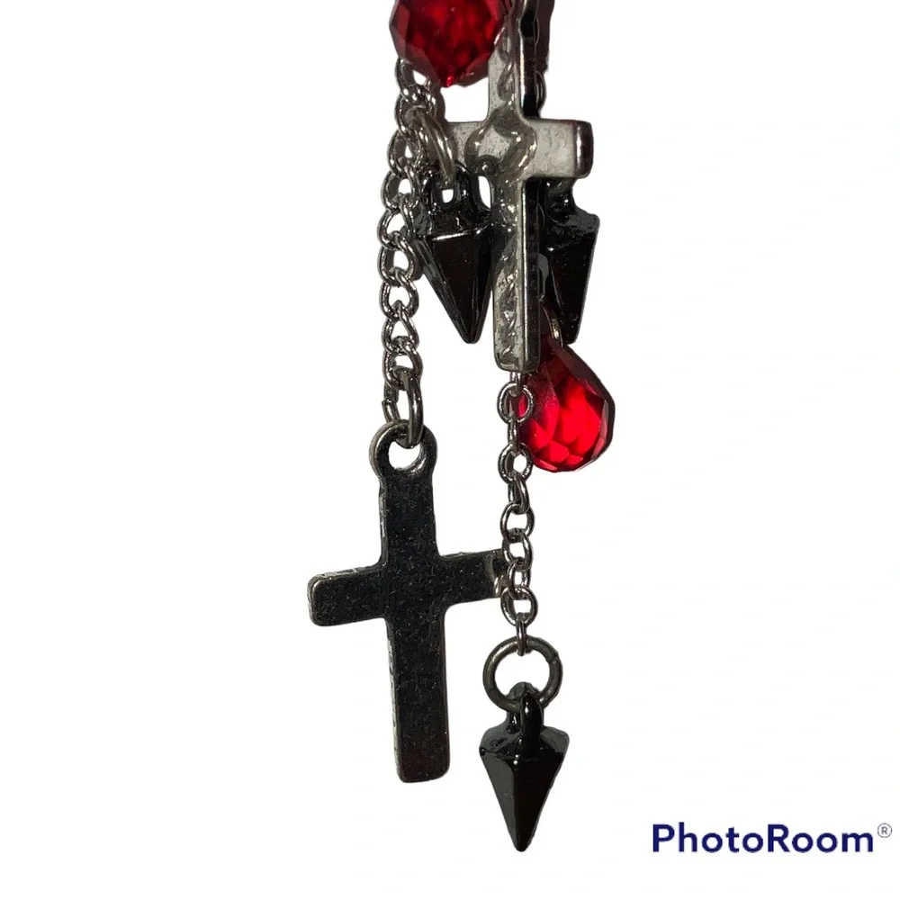 4” Dangling Earrings Chains Crosses Black Spikes & Blood Red Crystals Religion